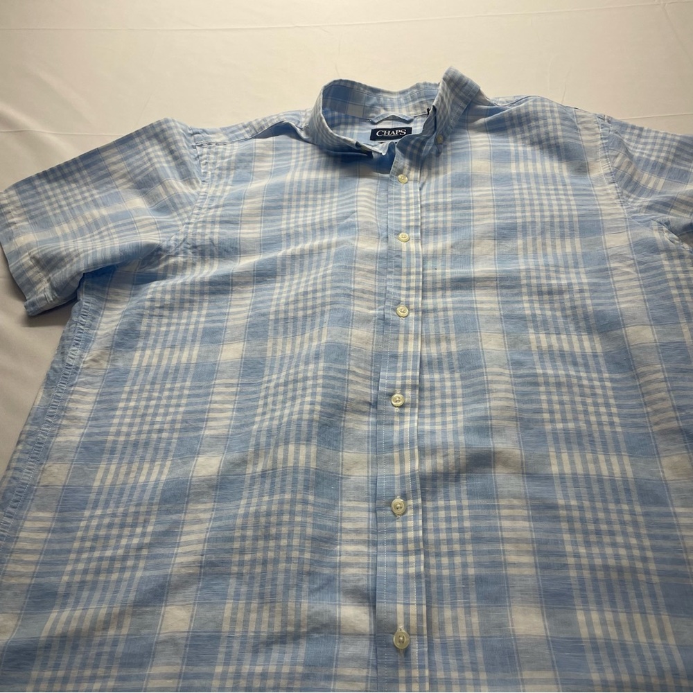 Chaps Men’s XL Linen Cotton Shirt Light Blue Plaid Short Sleeve Button Down